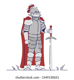 Medieval knight in heavy metal armor flat vector illustration. Historic warrior with sword isolated cartoon character with outline elements on white background. Middle age soldier. Fantasy personage