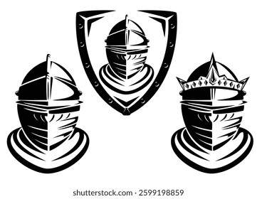 medieval knight helmet black and white hand drawn vector design set - warrior head wearing king crown and with shield