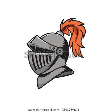 Medieval knight helmet with feathers, isolated on white background