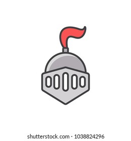 Medieval knight helmet flat line colored icon.