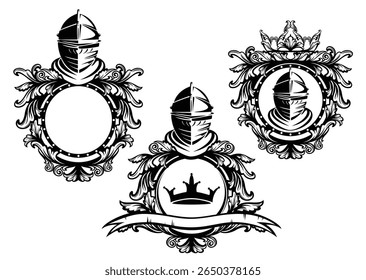 medieval knight helmet with luxurious heraldic emblem with royal crown decor - fantasy hero warrior head monochrome vector design
