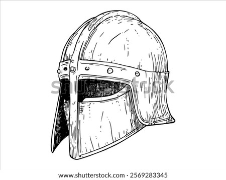 medieval knight helmet with rivets and visor hand drawn doodle sketch