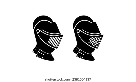 Medieval knight helmet set, black isolated silhouette