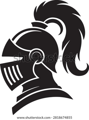 Medieval knight helmet silhouette vector graphic illustration featuring a protective visor and a flowing plume on a clean white background