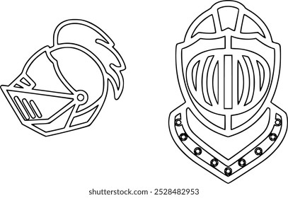 Medieval Knight Helmet Vector Set: Featuring Two Detailed Armor Helmets, Perfect for Historical Illustrations, Fantasy Themes, and Medieval Art Projects.