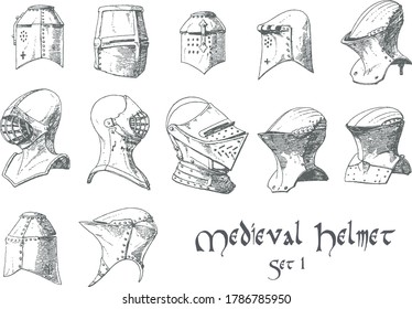 Medieval knight helmets, engraving vector set