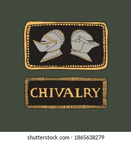 Medieval knight helmets and hand drawn lettering in decorative frames. Coat of arms heraldic equipment. Crusaders templar armour vector illustration in line art style. Chivalry and knighthood concept