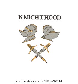 Cascos y espadas de caballero medieval. Equipo heráldico de escudo de armas. Ilustración vectorial de la armadura de cruzados en estilo de arte de línea. Concepto de caballería y caballería