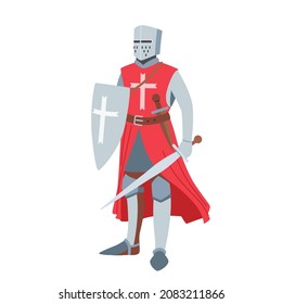 Medieval Knight Heraldic Character Wearing Armor and Sword Brave Warrior Crusader Isolated on White Background. Historical Fairy Tale Actor, Ancient Royal or Roman Soldier. Cartoon Vector Illustration