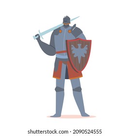 Medieval Knight Heraldic Character Wearing Shield and Sword, Warrior Crusader Isolated on White Background. Historical Fairy Tale Actor, Ancient Royal or Roman Soldier. Cartoon Vector Illustration