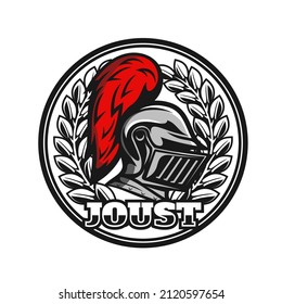 Medieval knight heraldic icon, warrior on joust with sword and helmet, vector emblem. Spartan knight warrior in iron armor and red cape helmet or paladin, sport fight club badge in wreath heraldry