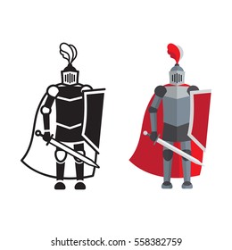 Medieval knight icon and silhouette isolated on white background. Vector illustration.