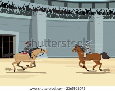Medieval knight joust battle vector illustration. Cartoon flat horseman hero knight characters jousting with swords and shields on royal battlefield tournament. Flat vector