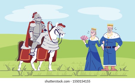 Medieval knight and kingdom rulers flat vector illustration. Cavalier on horse with royal couple cartoon character with outline. Fairytale king, queen and crusader. Fantasy personages