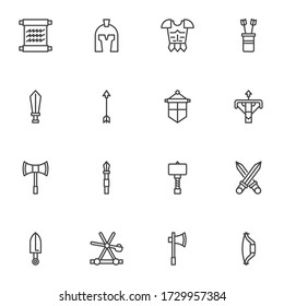 Medieval knight line icons set, outline vector symbol collection, linear style pictogram pack. Signs, logo illustration. Set includes icons as plate armour, shield, helmet, bow and arrow, axe, spear