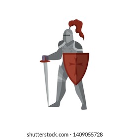 Medieval knight with long sword and red cross shield