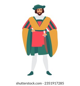 Medieval knight man in fancy clothes. Medieval lord in traditional clothing cartoon vector illustration