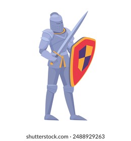 Medieval knight in metal armor holding a rd and shield with heraldic emblem vector illustration