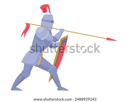 Medieval knight in metal armor standing in attack pose with spear and sword vector illustration