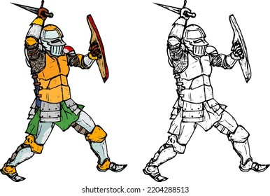 Medieval knight with metal armor wielding a sword and shield, isolated against white. Hand drawn vector illustration.