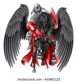 Medieval knight mounted on a black pegasus legendary mythological winged horse holding a lance ready for a joust or combat