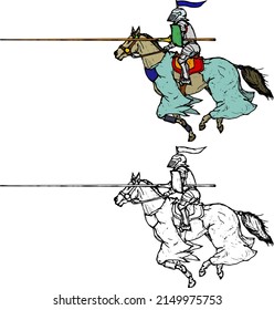 Medieval Knight On Horseback With Jousting Lance, Isolated Against White. Hand Drawn Vector Illustration.