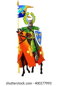 Medieval knight on horseback. Vector illustration. All items of equipment are located on the isolated layers for easy repainting