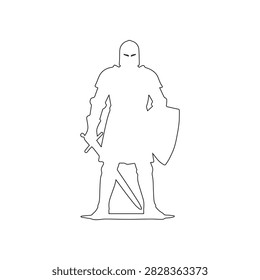 medieval knight outline warrior in armor with sword and shield standing strong heroic fantasy concept isolated on white background