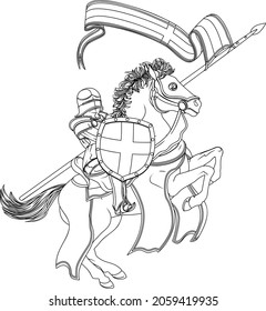 A medieval knight, perhaps Saint George, in armour riding a horse to a joust holding a lance or spear with banner