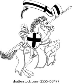 A medieval knight, perhaps St George, in armour riding a horse to a joust holding a lance or spear with flag banner
