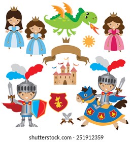 Medieval Knight, Princess And Dragon Illustration