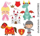 Medieval knight, princess and dragon vector cartoon illustration