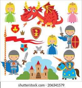 Medieval knight, princess and dragon vector illustration