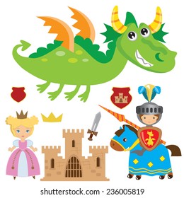 Medieval knight, princess and dragon vector illustration