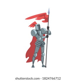 Medieval Knight with Red Flag, Chivalry Warrior Character in Full Heavy Body Armor Cartoon Style Vector Illustration