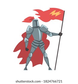 Medieval Knight with Red Flag, Chivalry Warrior Character in Full Metal Body Armor and Red Cape Cartoon Style Vector Illustration