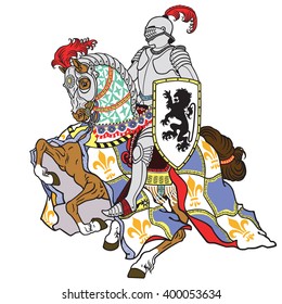 medieval knight riding armored horse in gallop isolated on white