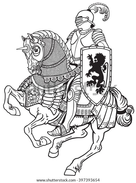 ギャロップに装甲馬に乗った中世の騎士 白黒のイラスト のベクター画像素材 ロイヤリティフリー