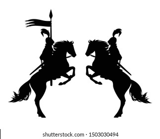 medieval knight riding horse holding banner spear - ancient horseback hero black vector silhouette set