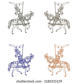 Medieval Knight Riding Horse And Holding Banner Vector Illustration
