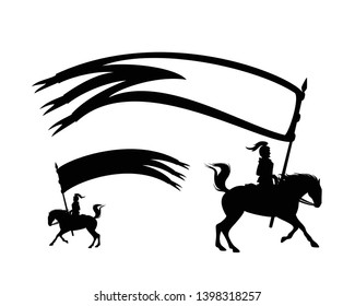 medieval knight riding a horse with long flag spear - black vector silhouette