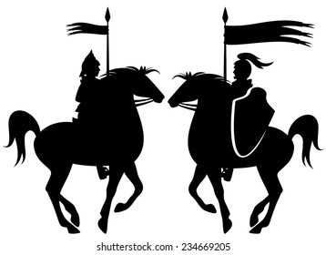 medieval knight riding prancing horse black vector silhouette over white