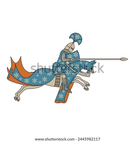 Medieval knight riding with spear on a horse. Lancelot. Illuminated manuscript design. Isolated vector illustration.