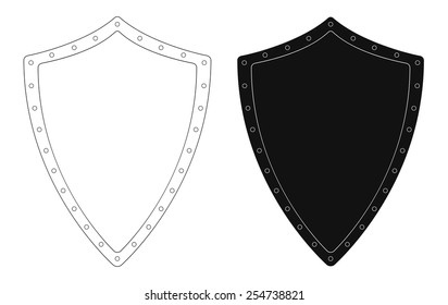 Medieval knight shield with rivets. Contour lines and silhouette clip art vector illustration isolated on white