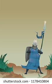 Medieval knight with shield and spear standing at the edge of precipice, back view. Flat vector illustration, vertical.