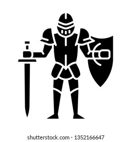 Medieval knight with shield and sword glyph icon.  Warrior with full suit of armor. Chivalry. Ancient plate armour. Lord. Silhouette symbol. Negative space. Vector isolated illustration