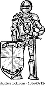 A medieval knight with a shield and sword on guard. Hand drawn vector illustration.  
