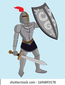 Medieval knight with shield and sword on blue background, medieval warrior