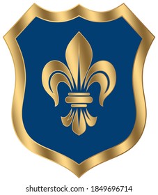 Medieval Knight Shield vector in gold and blue with lily on white isolated background.