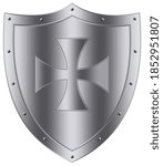 Medieval Knight Shield vector in silveron white isolated background.
